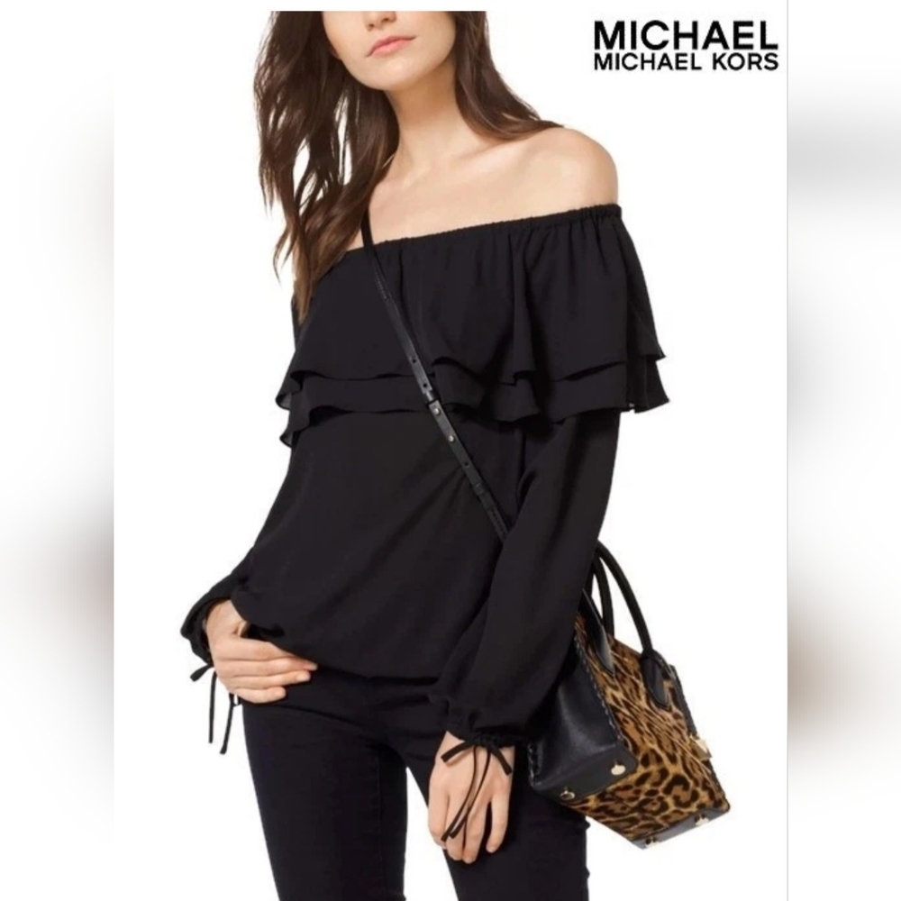 Michael Kors Elegant Black Ruffle Off Shoulder Peasant Blouse